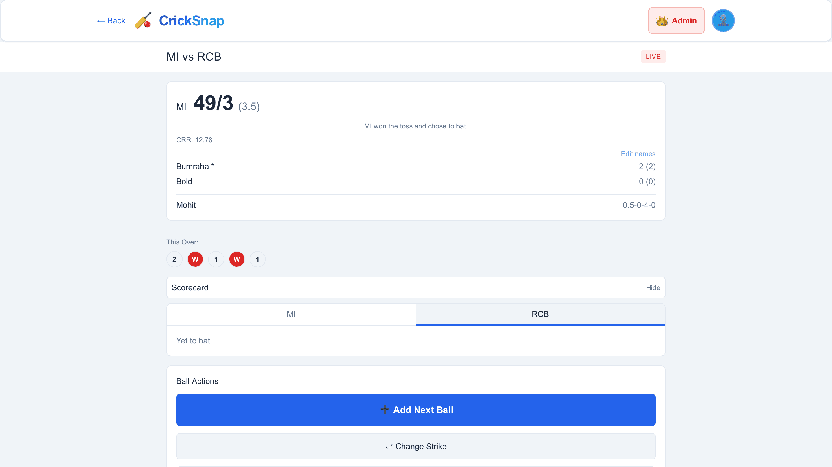 CrickSnap live MI versus RCB scorecard with ball-by-ball scoring controls