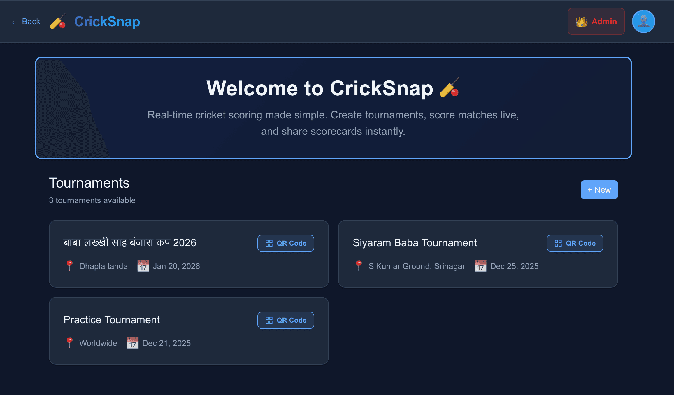 CrickSnap tournament dashboard with tournament listings and QR code links