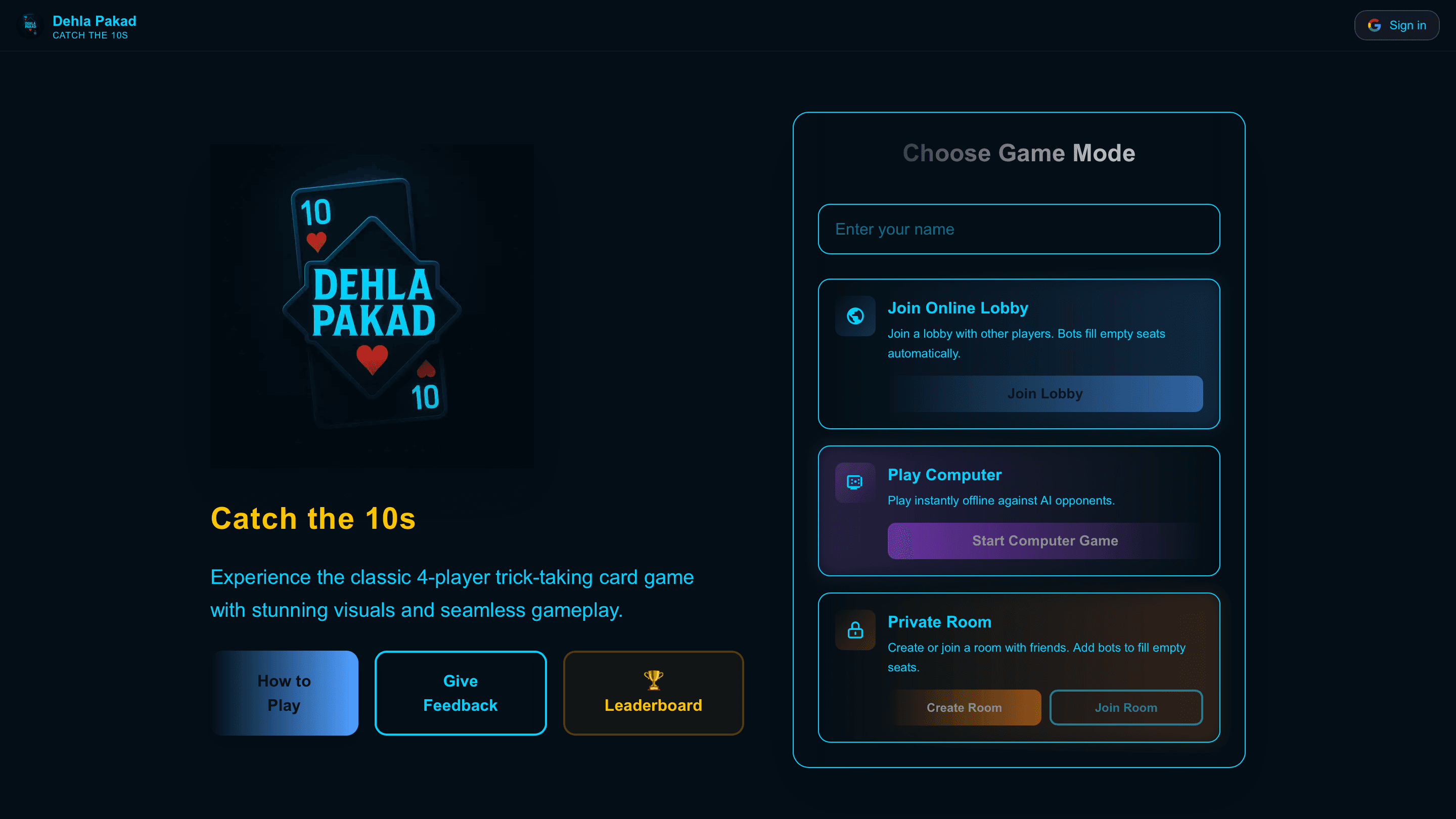 Dehla Pakad online card game lobby and game mode selection